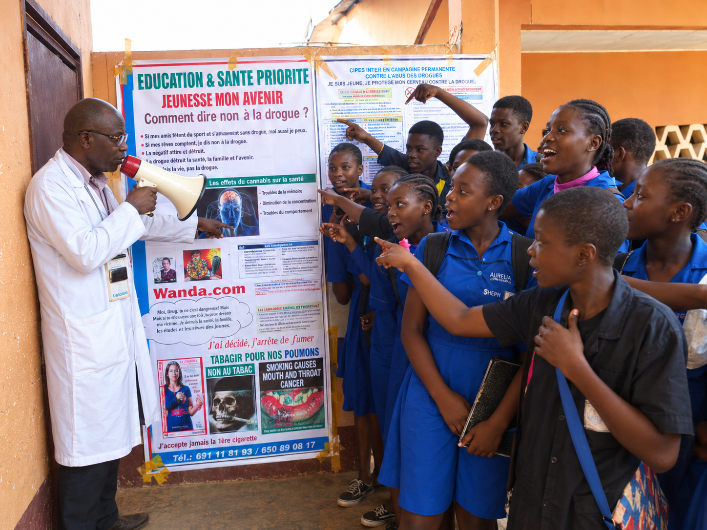 Rev. Père BETSEN sensibilisant des élèves avec mégaphone — programme scolaire CIPESS